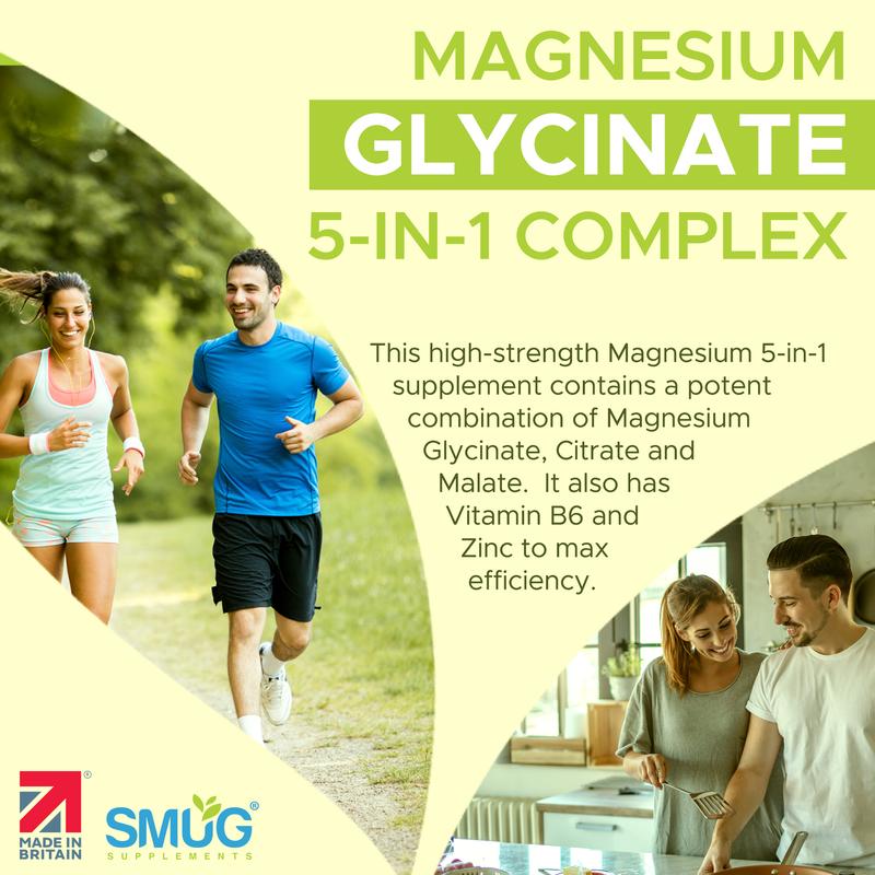 Magnesium Glycinate Complex British Made 5-in-1 by SMUG Supplements - 60 Capsules - Advanced Blend Combining Magnesium Glycinate, Citrate and Malate.  With Added Vitamin B6 and Zinc. 1