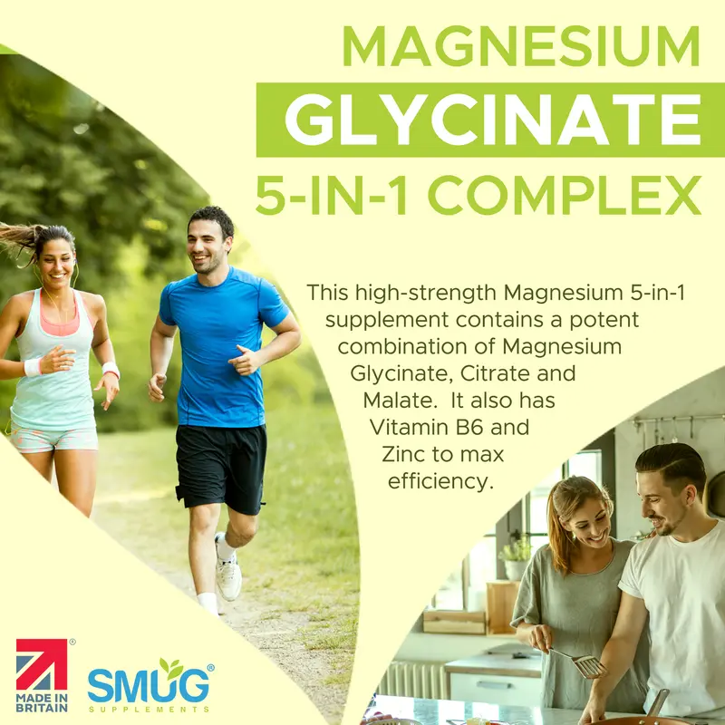 Magnesium Glycinate Complex British Made 5-in-1 by SMUG Supplements - 60 Capsules - Advanced Blend Combining Magnesium Glycinate, Citrate and Malate.  With Added Vitamin B6 and Zinc. 1