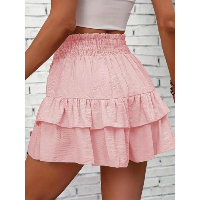 Women's Frill Trim Ruffle Hem Shirred High Waist Shorts, Boho Casual Tiered Layer Shorts for Spring & Summer, Summer Shorts for Women, Back To School, Ladies Elegance Minimalist Shorts, Wide Leg Shorts for Women, Ruffle Shorts 5