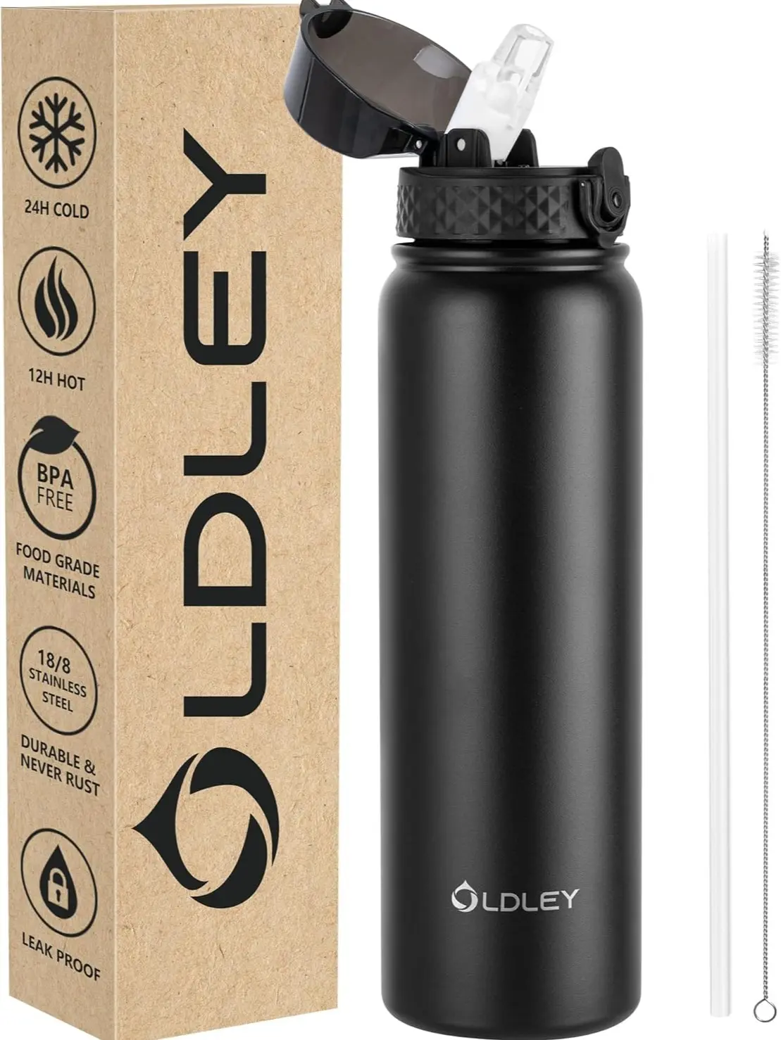 Stainless Steel Water Bottle with Straw 1L Vaccum Insulated Large Drink Flask Metal Water Bottles 1 Litre Leakproof Keep Drinks Hot Cold for Bike Sports Gym Adult Women Men(Black,1 Lid)