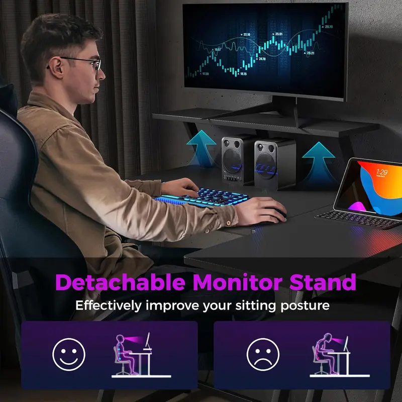 COSTWAY L-Shaped Gaming Desk, 100cm Study Table Writing Workstation with Monitor Shelf, Headphone Hook, Storage Shelf, Outlets & USB Ports, Home Office Computer Desk PC Laptop Table 3