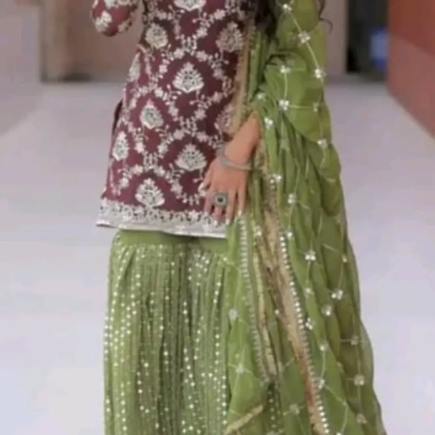 Women's Heavy Embroidered Sharara Suit in Mehroon and Hina Green with Kinari Dupatta - Casual, Womenswear