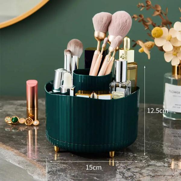 360 Rotating Makeup Organizer - 1pc Plastic Cosmetic Storage with 5 Compartments - Multi-Functional Holder for Brushes, Lipsticks, Skin Care Products, and Stationery - Durable Unscented Desk Caddy with Luxury Stripe Design Boxes black 3