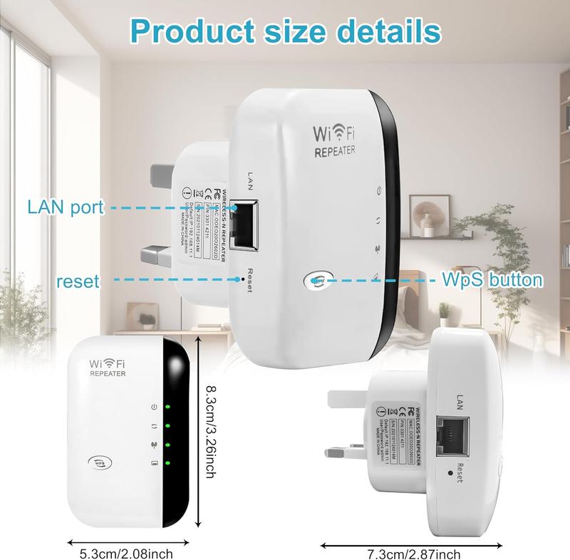 Product Introduction of WiFi Extender Booster, Internet Coverage Up to 3000 Sq.Ft! Works with 45+ Devices & Features Easy Setup,2.4GHz Band WiFi Extender, LAN Port,UK Plug 1