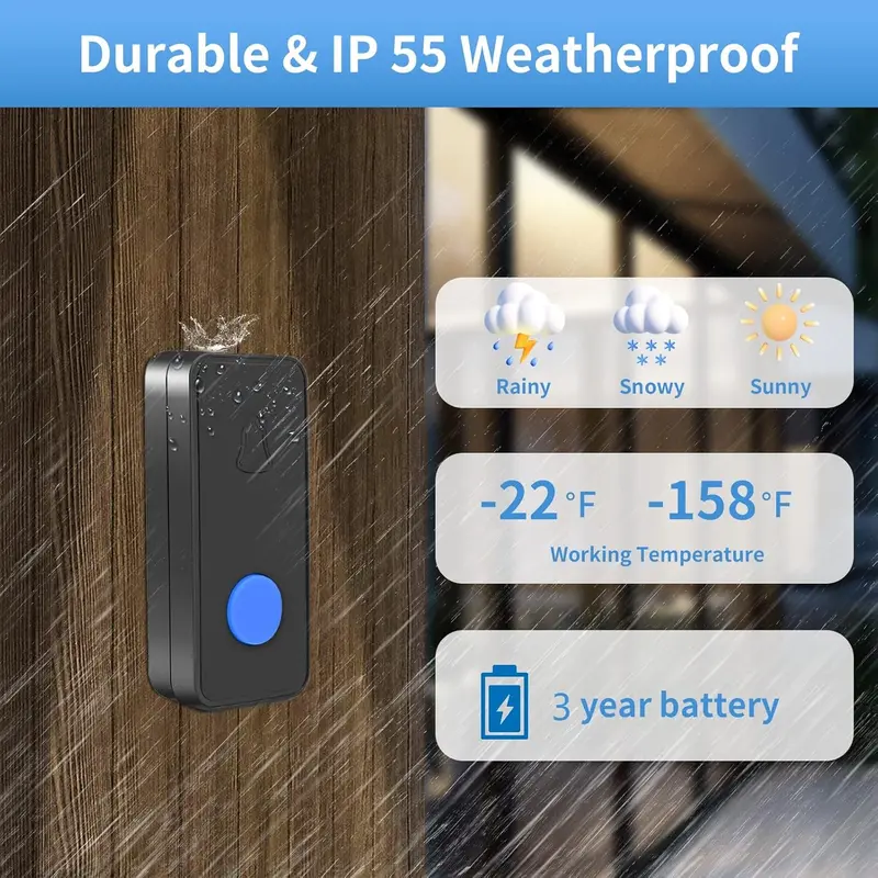 Wireless Doorbell, IP55 Waterproof Cordless Door Bells Chime Kit-1000 Ft Range 55 Chimes 5 Volume, Battery Operated Push Button & 2 Plug-in Receivers with LED Flash Easy Install Black (N628) 3