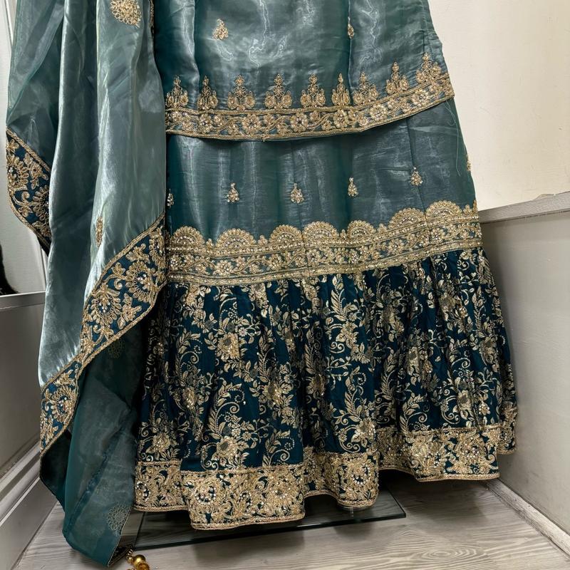 Teal colour Embroidered Farshi Lengha Suits for Women - Gul Wedding Collection (3 Pieces) - Traditional, 4