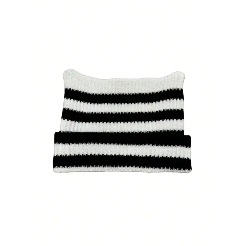 E&I     New Handmade Striped Knit Beanie with Devil and Cute Cat Ear Design for Women, a Couple - Style Casual Warm Cap Perfect for School 3