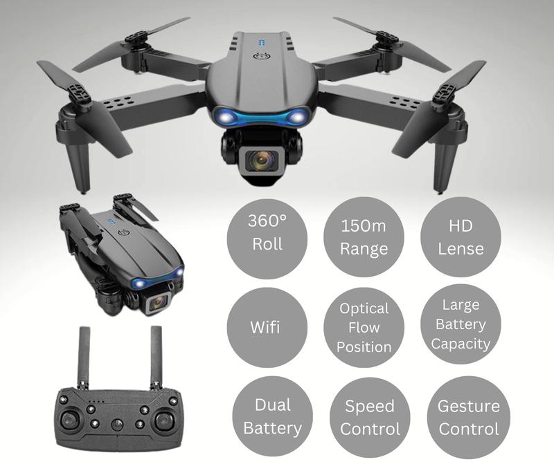 "Trendi E99 Foldable Quadcopter Drone with 360° Roll and Dual HD Lenses - Includes Cameras, Accessories, and Folding Charging Crystal Drones." 4
