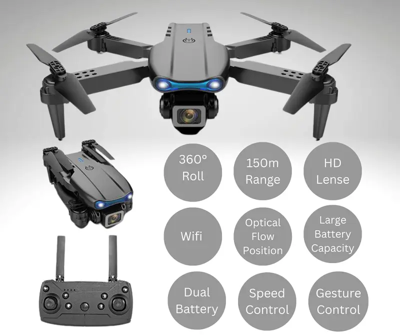 "Trendi E99 Foldable Quadcopter Drone with 360° Roll and Dual HD Lenses - Includes Cameras, Accessories, and Folding Charging Crystal Drones." 4