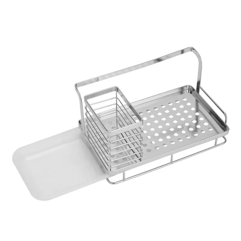 Lushhub Kitchen Silver/Black Steel Sink Organizer – Space-Saving Caddy with Drain Tray for Brushes, Sponges & Dispensers 5