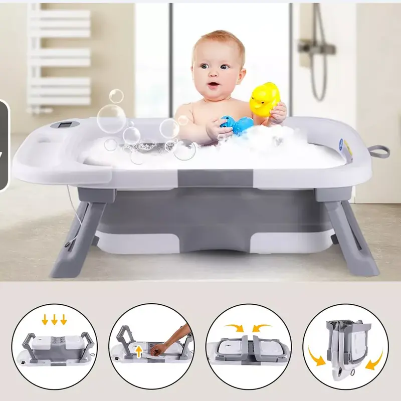 Foldable Baby Bath Tub Ergonomic with Temperature & Cushion Bath Pad + Bath Net 4
