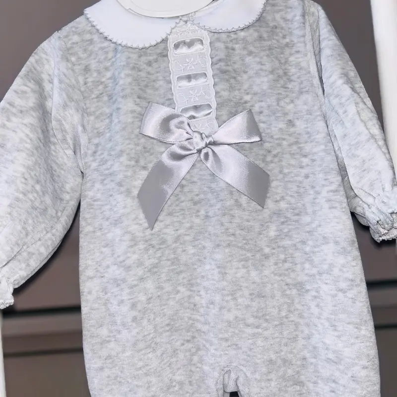 Baby girls grey bow velour baby grow sleepsuit Pex 1