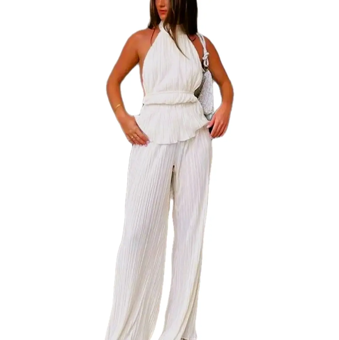 White Pearl Elegance Pleated Elegant Womenswear Backless Chic High Waisted Wide Leg Co-ord Set Top Button Stretchy Suits Evening Halter Style Fit Overalls Trouser Sleeveless Comfort Minimalist regular elegant
