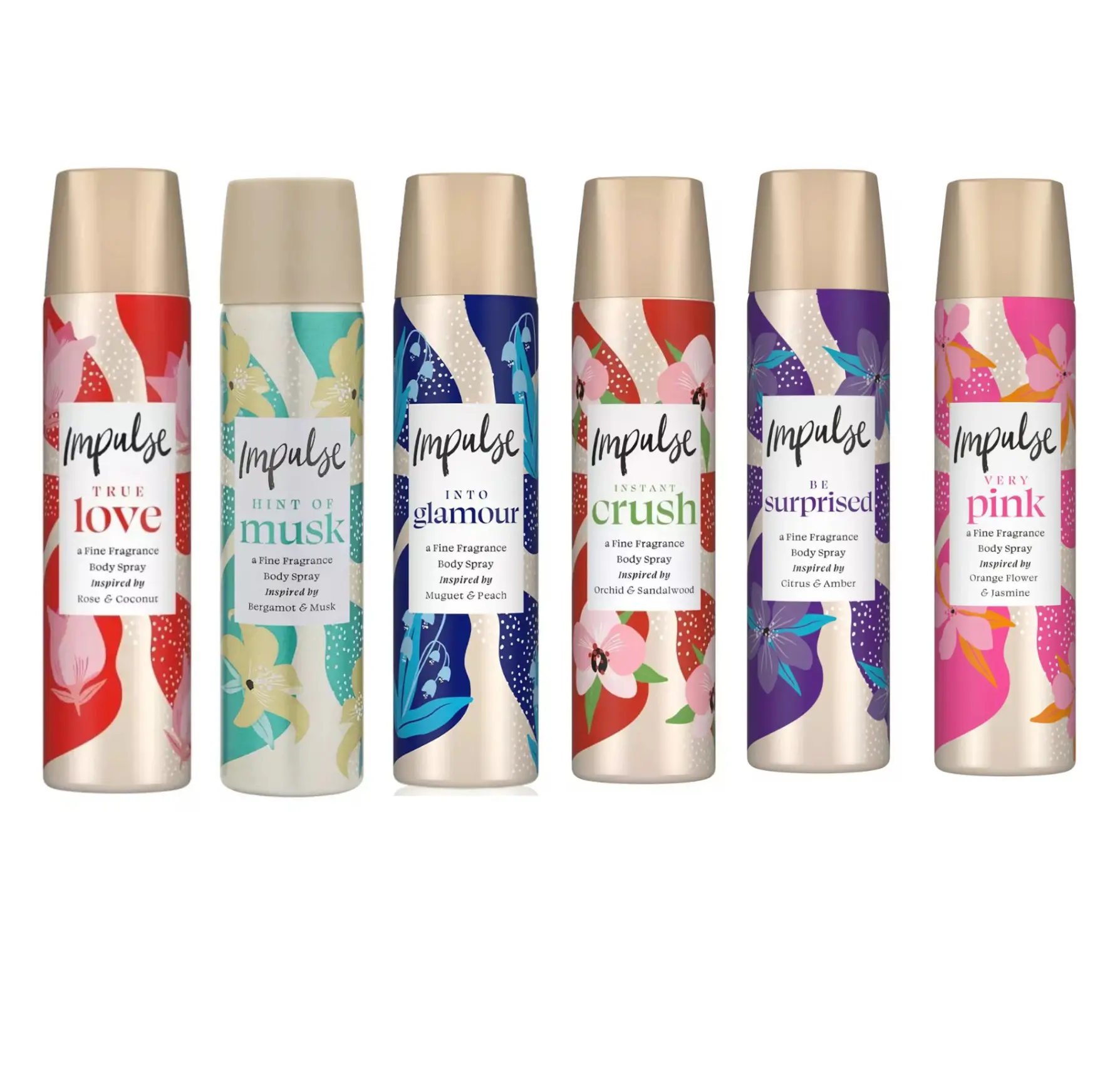 6 x 75ml MIX Impulse Body Spray Deodorants Tease, Instant Crush, Into Glamour, Very Pink, True Love, Be Surprised & Mix