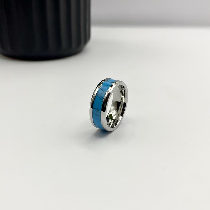 Turquoise Band ring - Stainless Steel Ring - Silver Turquoise Unisex Ring - Aqua Blue Stone Band - Greek Stainless steel Ring - Titanium Sea Marble ring - Steel Coloured Abalone Ring - Gifts for men 3