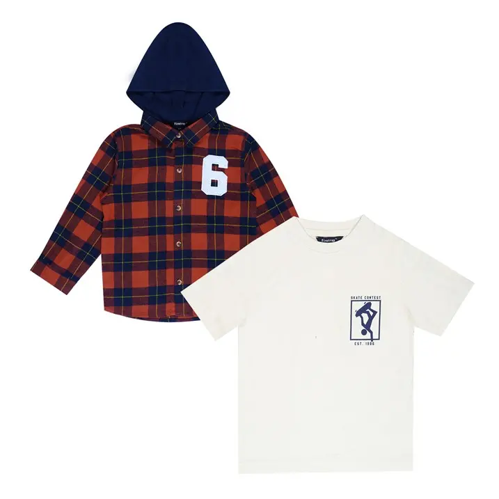 Firetrap Kids Check Hoodie Hooded Sweatshirt Top And Shirt Infants Overshirt