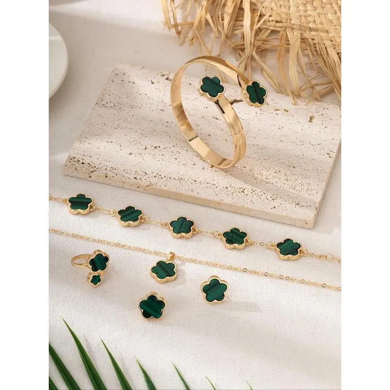 Lucky flower shaped jewelry set, 6 counts charm necklace & bracelet & Ring & stud earring 6