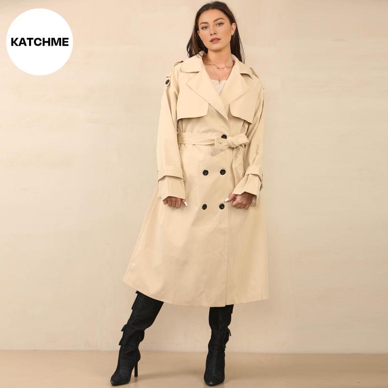 KatchMe Women's Oversized Premium Waist Tie Double Breasted Trench Coat (UK 8-22),High-End Outerwear Jacket,Plain Minimalist Side Pocket Lady's Outfits 5