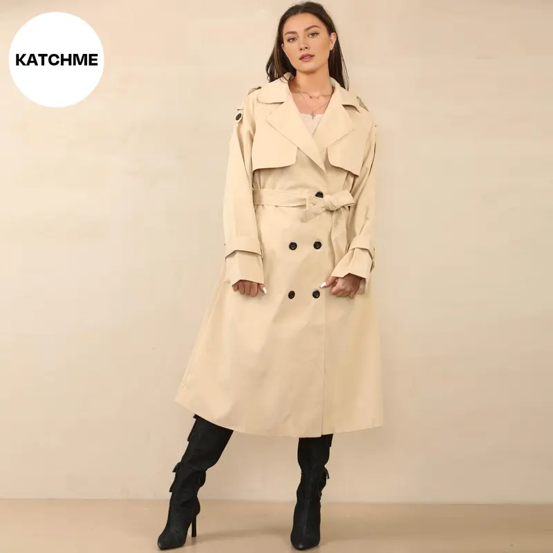 KatchMe Women's Oversized Premium Waist Tie Double Breasted Trench Coat (UK 8-22),High-End Outerwear Jacket,Plain Minimalist Side Pocket Lady's Outfits 5