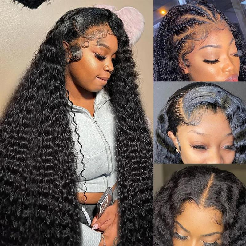 Product Introduction of Deep Wave 13x4 Lace Front Human Hair Wig for Women - Curly 13x6 Wet and Wavy Pre Plucked Hairline Bleach Knots, Natural Black Color 7