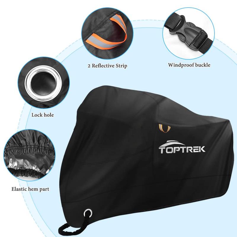 Toptrek Motorbike Cover, 210D Thicker Oxford Motorcycle Cover with Seamtaped, XXXL Large Waterproof Outdoor Moped Cover with Lock Holes, UV & Wind Resistant, Anti-Scratch, Black (104 * 41 * 52inch) 2