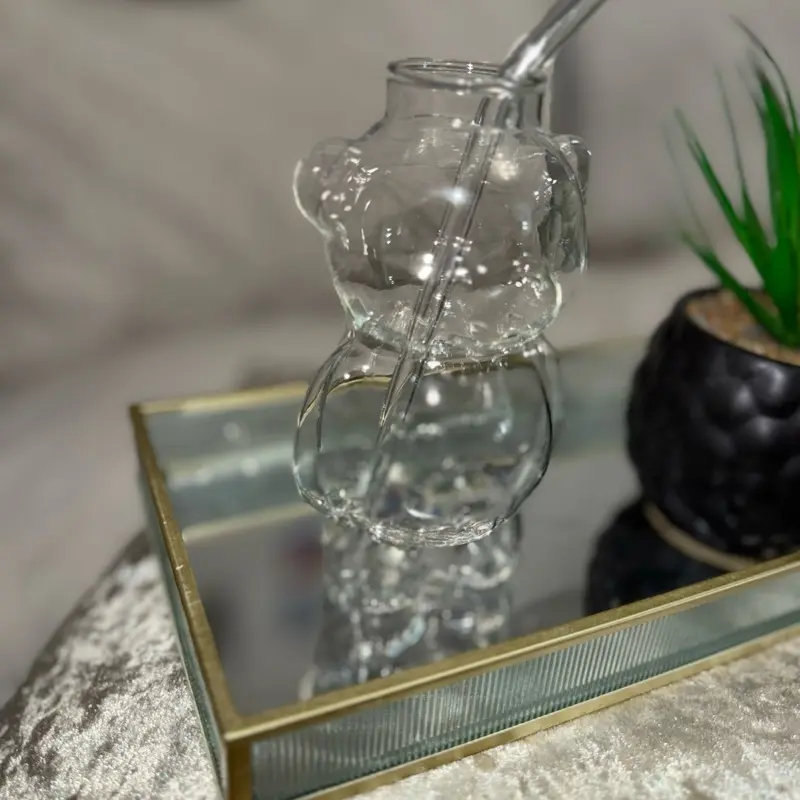 Teddy bear glass cup with straw