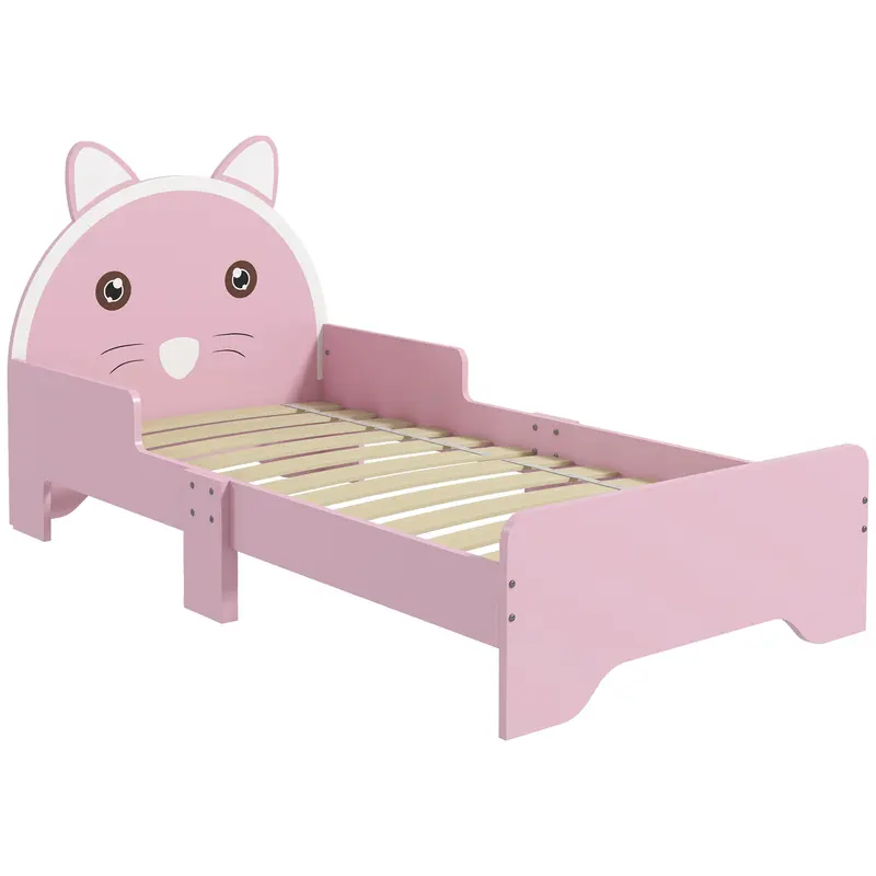 ZONEKIZ Toddler Bed Frame, Kids Bed Cat Design Princess Bed Bedroom Furniture with Guardrails, for 3-6 Years Old, 143L x 74W x 72Hcm - Pink 0