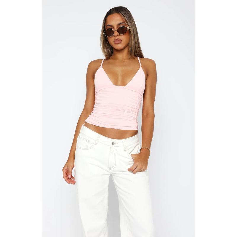 Product Introduction of Women's Solid Backless Ruched Crop Cami Top, Classy Going Out Tops, Casual Adjustable Spaghetti Strap Sleeveless Top for Summer, Women's Clothing for Beach Holiday, Tops for Women, Club L Sizing UK, Weekday Fitted Top 6
