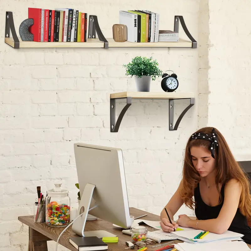 Floating Shelf Wall Mounted 3 Wood Shelves With Metal Brackets 1