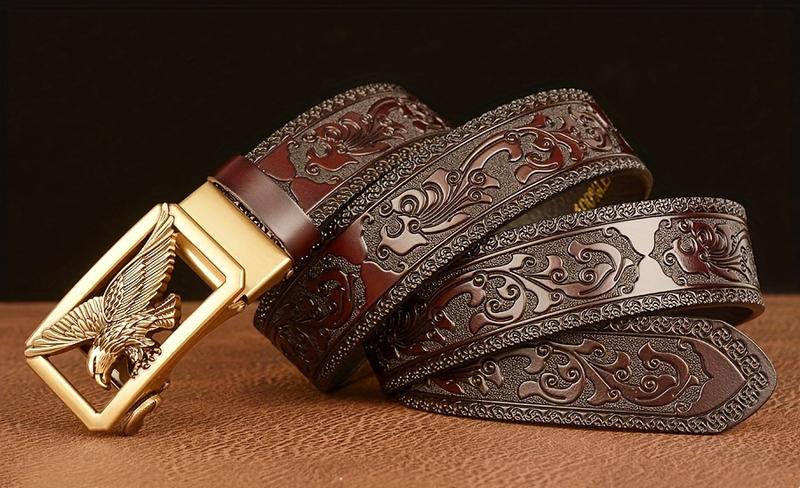 Product Introduction of 1PC Carved Cowhide Men's Autobuckle Belt, Vintage Style, Suitable for Casual & Business Wear, Great Gift for Husband and Father 4