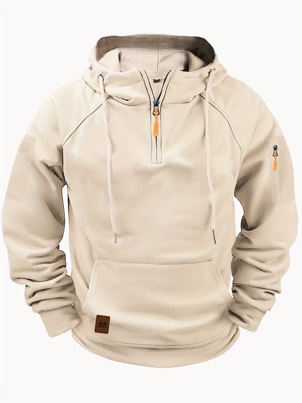 Men's Hooded Henley Shirt with Multiple Pockets, Casual Sports Pullover for Autumn/Winter, Polyester Knit Athletic Top 0