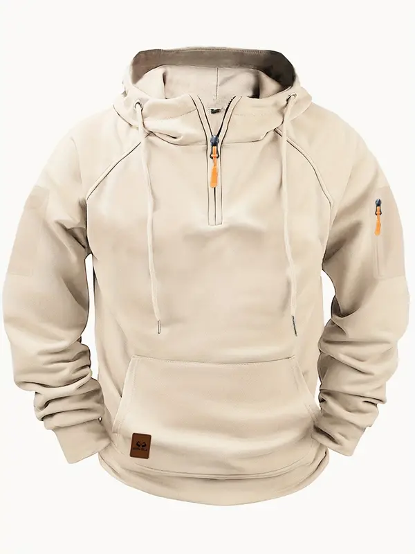 Men's Hooded Henley Shirt with Multiple Pockets, Casual Sports Pullover for Autumn/Winter, Polyester Knit Athletic Top 0