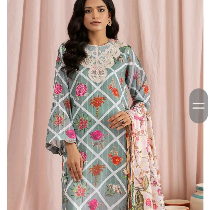 KHUSHBU Introducing khushboo, it'a Poli Lawn outfit, featuring a stunning Digital Maisuri Dupatta. The outfit is carefully crafted with an embroidered Tila patched gala, adding a touch of elegance and sophistication to the ensemble. The fish tale flares p