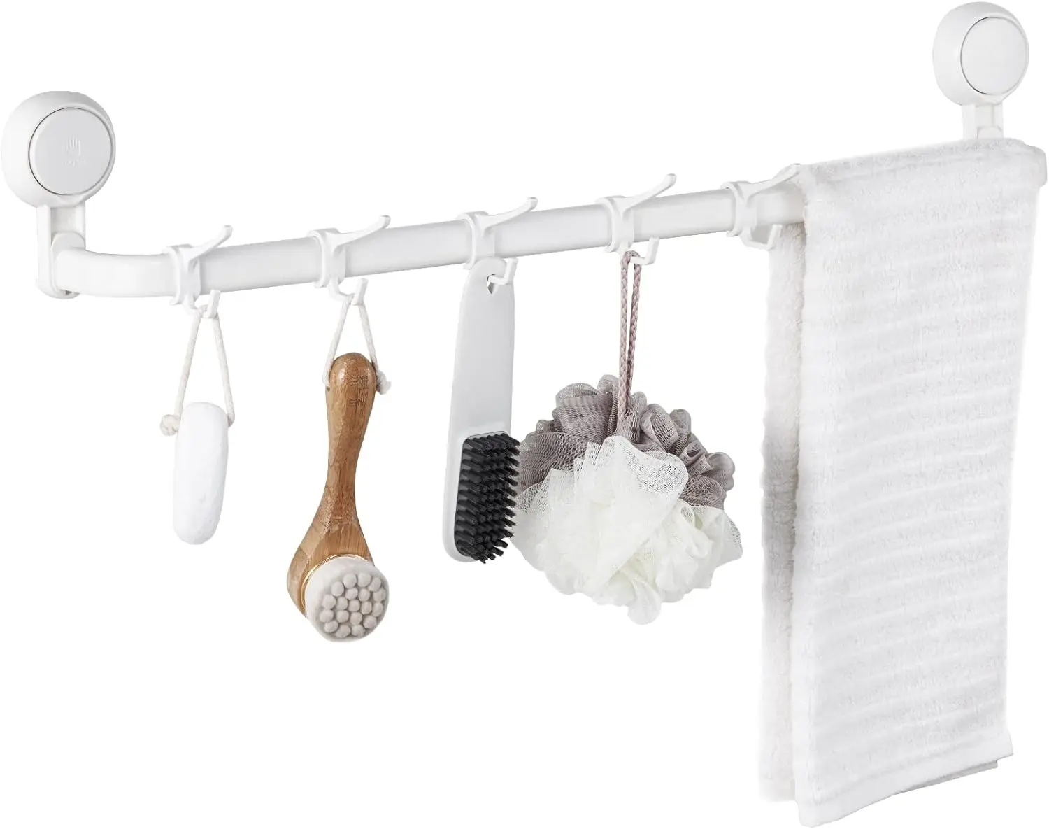 Suction Towel Rail with 5 Hooks, MAX Hold 10 KG, Drill-Free Towel Bar Wall Mounted, Removable Heavy Duty Hand Towel Holder for Bathroom, Hardware & Shower Accessories Hanging Towel Rack - White