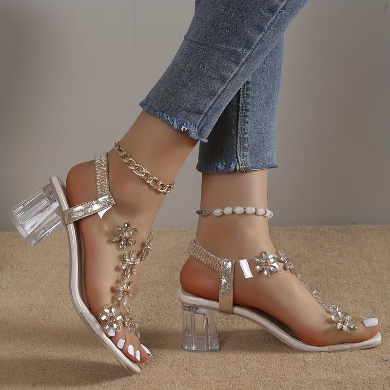 Women's Flower Rhinestone Block Heel Sandals, Fashion Square Open Toe Elastic Strap Slip On High Heels, Versatile Sandals 5