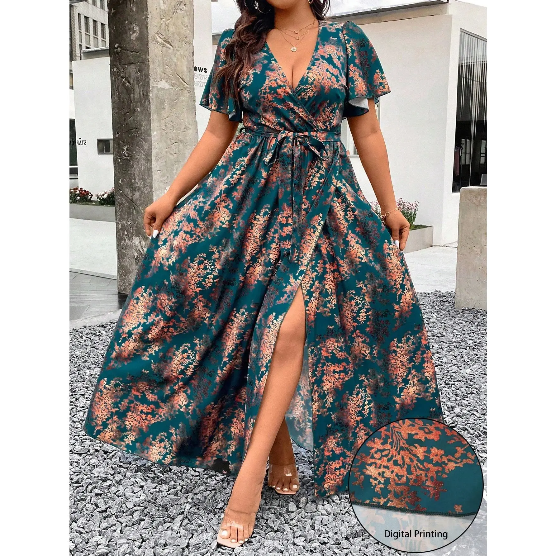 Belle Plus Size Women's Allover Printed Wrap Design Split Dress, Maxi Women Outfit Casual Fabric