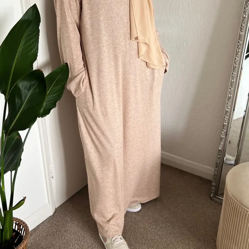 Oatmeal Ribbed Abaya with Pockets and Matching Chiffon hijab winter abaya casual abaya work modest fashion plain minimalist ramadan 0