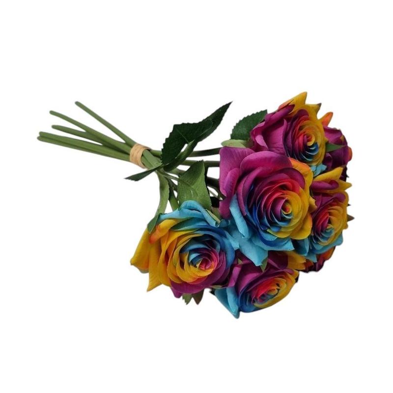 35cm fresh touch diamond artificial rainbow rose 7 stems.  Display bouquet craft home decor vase filler faux fake flowers 3