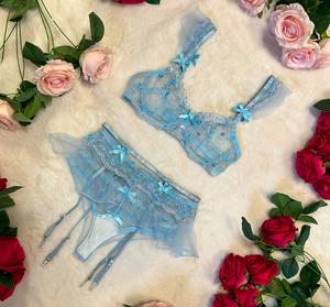Liliosa Lingerie CUPID High Quality Mesh Sheer Exclusive 3 Piece Baby Blue Lingerie Set (Clasp Bra + Clasp Garter + Panties ), Dreamy Bow Chic Bra, Lightweight Summer Breathable Cooling Fabrics, soft summer intimates, everyday summer underwear