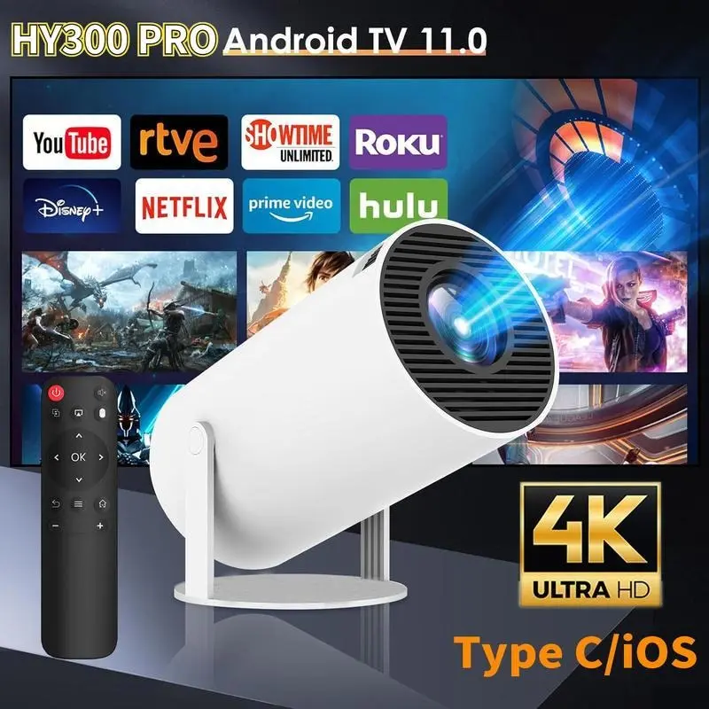 Mini Projector Android TV, Smart Projector Ceiling TV, Remote Control 4K 1080p Decoder WiFi Bluetooth Audio 3.5mm HDMI Android 11, Any Surface, Auto Keystone Correction, Source Factory