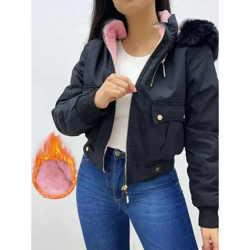 Women's Contrast Faux Fur Trim Hooded Thermal Lined Jacket, Casual Long Sleeve Button Pocket Zip Up Outerwear for Fall & Winter, Women's Clothes for Daily Wear, Jackets for Women