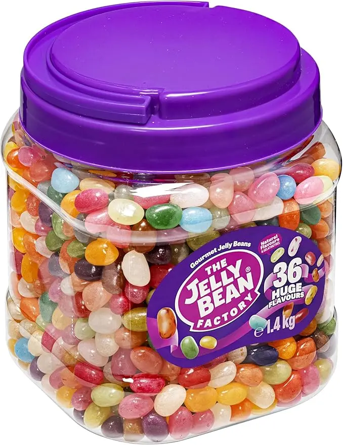 Jelly Bean Factory, Gourmet Jelly Beans 1.4 KG Jar - 36 Natural, Huge Jelly Fruit Flavours, Retro American Sweets, Chewy Jelly Sweets for Kids, Adults - Bulk Pick & Mix Jelly Beans Gift Halloween Snack Candy Bonbon