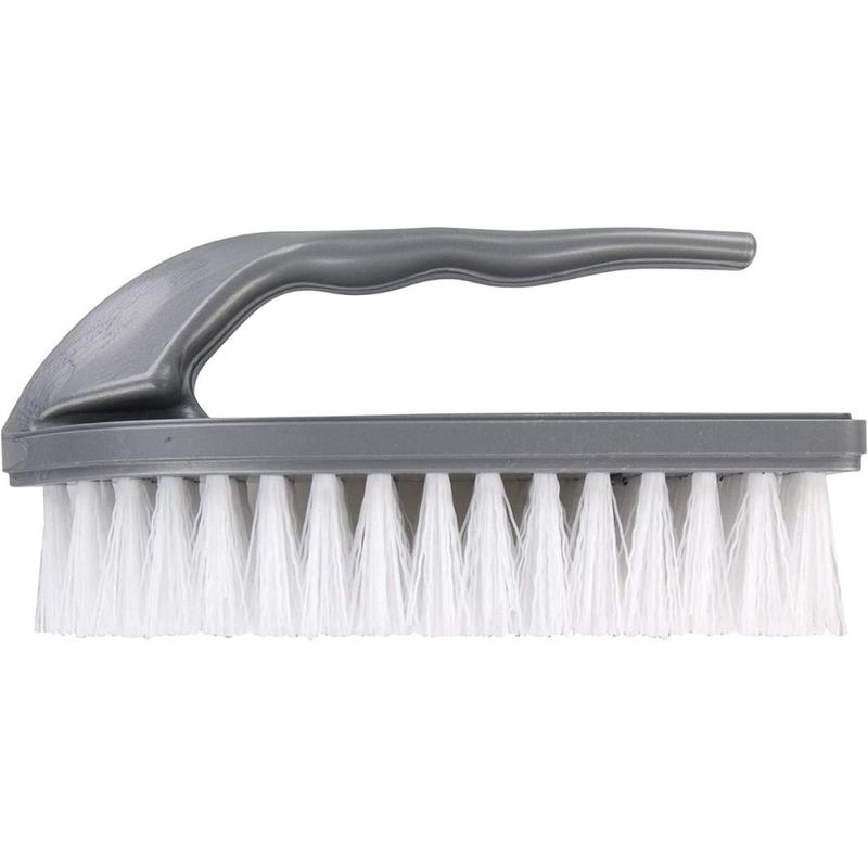 Product Introduction of Iron Shaped Scrubbing Brush with Curved Grip Handle, Durable Fibres, Ergonomic Shape, Deep Cleaning, BPA Free, Silver 0