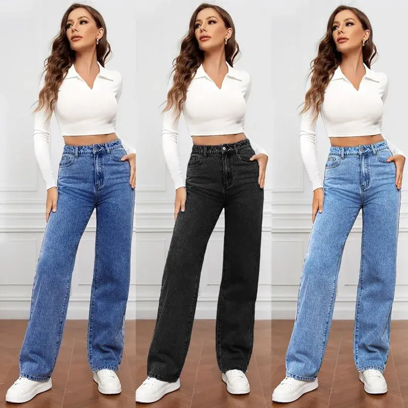 2024 New Cross-Border European American High-Waisted Straight-Leg Denim Jeans For Women Amazon Long Style NK331