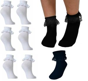 Kids Girls Back To School Ruffled Trim Frilly Lace Ankle Socks Cotton Rich Uniform Soft Children Frilly Socks (Pack of 6)