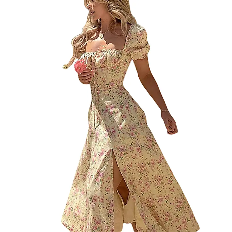 Women's Y2k Retro Bodycon Long Dress Summer Bohemian Floral Print Puff Sleeve Square Collar Tie-up High Split Dress Streetwear 7