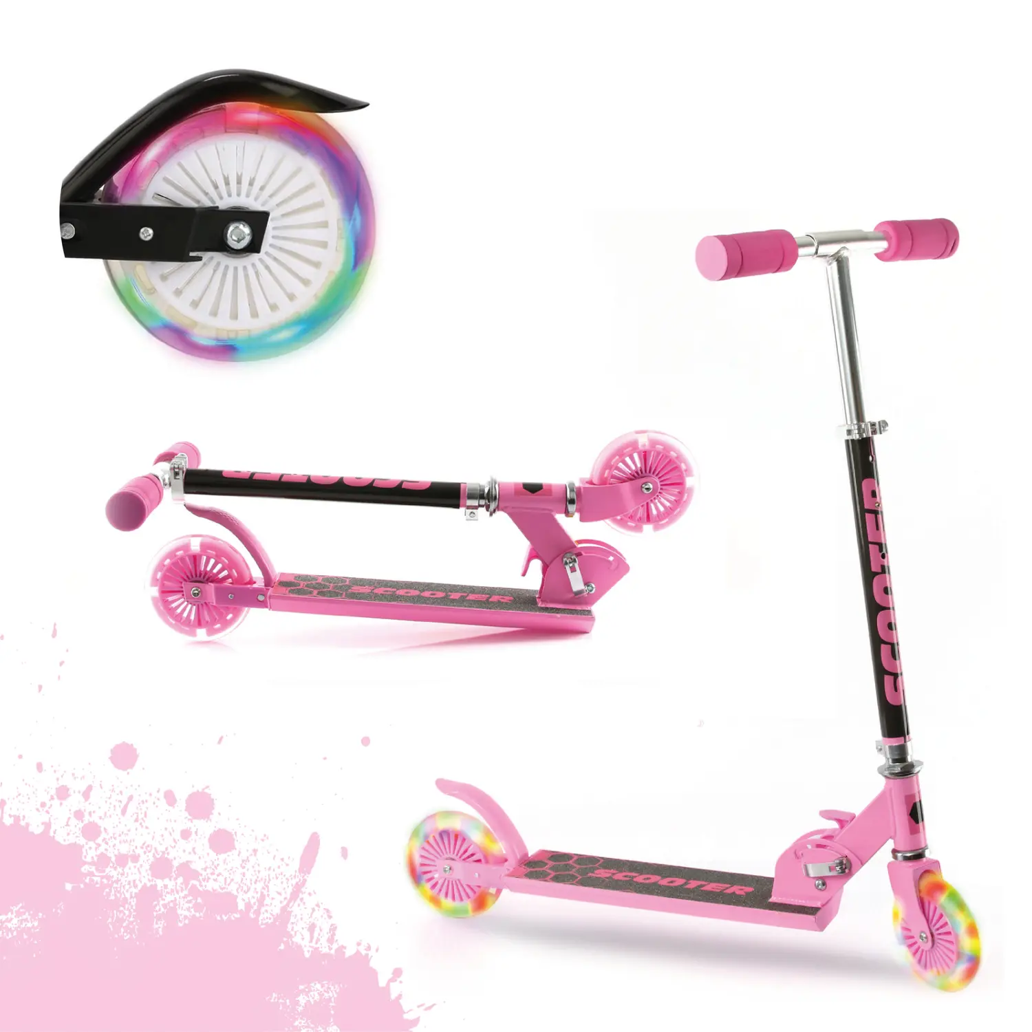 Scooter With Light Up Wheels 2 Wheel Adjustable Folding Kids Kick Push Bike Pink