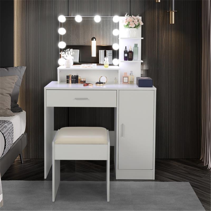 Large Vanity Set with LED Bulbs – Makeup Table with Stool, Storage Shelves, Drawer, and Cabinet – Perfect for Women and Girls, White 1
