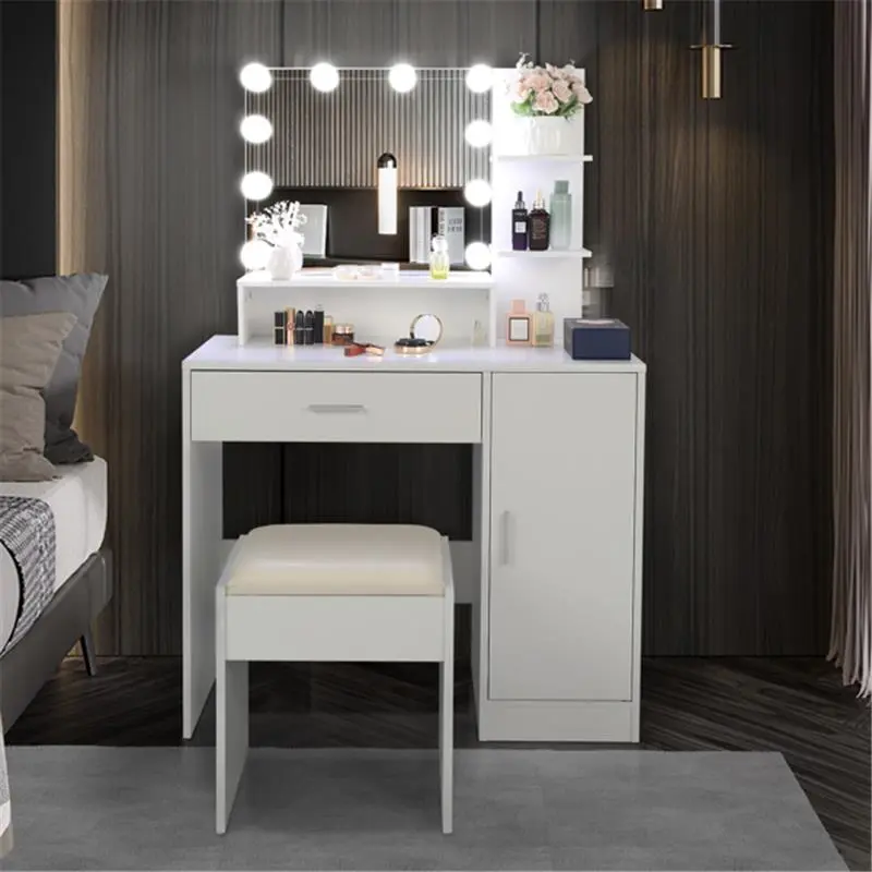 Large Vanity Set with LED Bulbs – Makeup Table with Stool, Storage Shelves, Drawer, and Cabinet – Perfect for Women and Girls, White 1