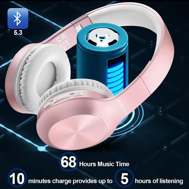 Bluetooth Headphones Over Ear, 68H Playtime and 3 EQ Music Modes Wireless Headphones with Microphone/Deep Bass, HiFi Stereo Foldable Lightweight Headset for PC Home Travel Office (ROSE GOLD) 1
